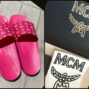 MCM logo rubber pool slides bright pink W8. Minimal wear. Box & dustbag included